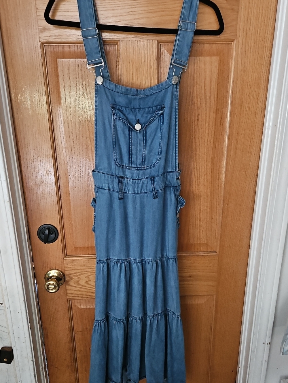 Women’s Light Blue Denim Overall Dress with Tiered Skirt